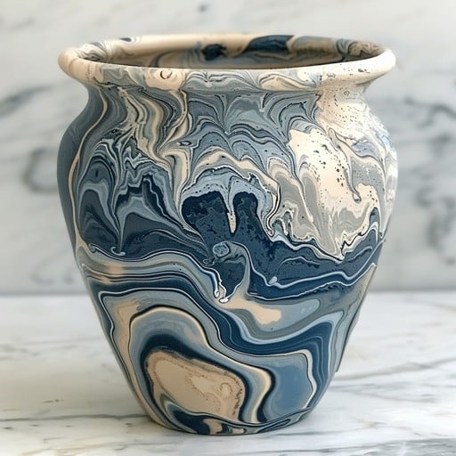 A beautifully crafted ceramic vase featuring a marbled design in shades of blue and white.